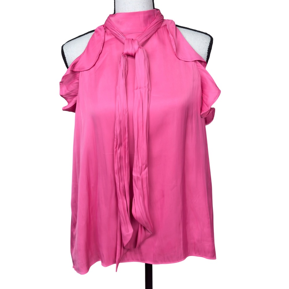 Ann Taylor Tie Neck Blouse Women M Pink‎ Ruffle Sleeveless High Neck Top